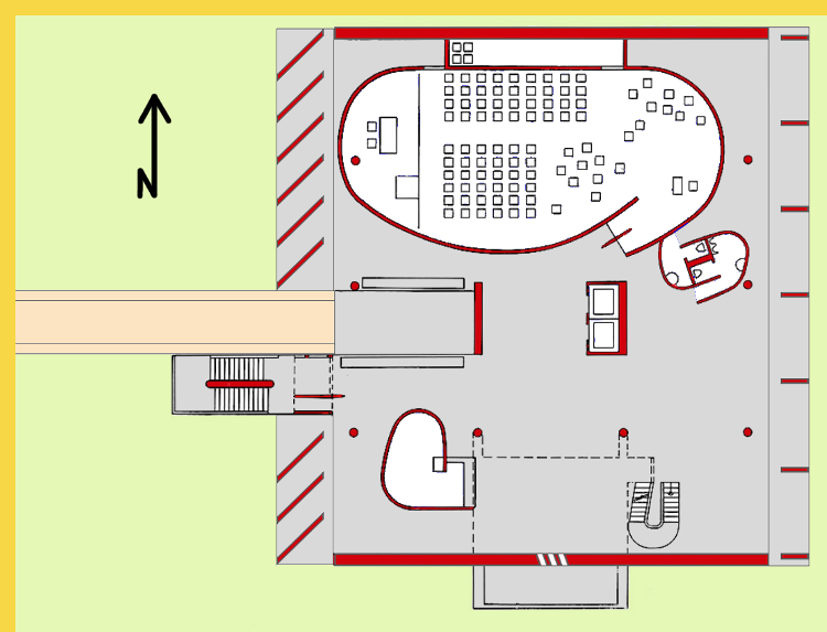 bioclimatique fluidite des espaces Maison des Filateurs (= Millowners) à Ahmedabad par Le Corbusier en 1956 - plan du deuxième étage de la salle plénière officielle