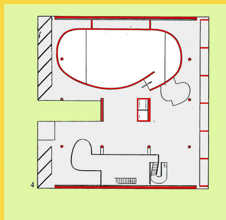 bioclimatique fluidite des espaces Maison des Filateurs (= Millowners) à Ahmedabad par Le Corbusier en 1956 - plan haut du double étage de la salle plénière