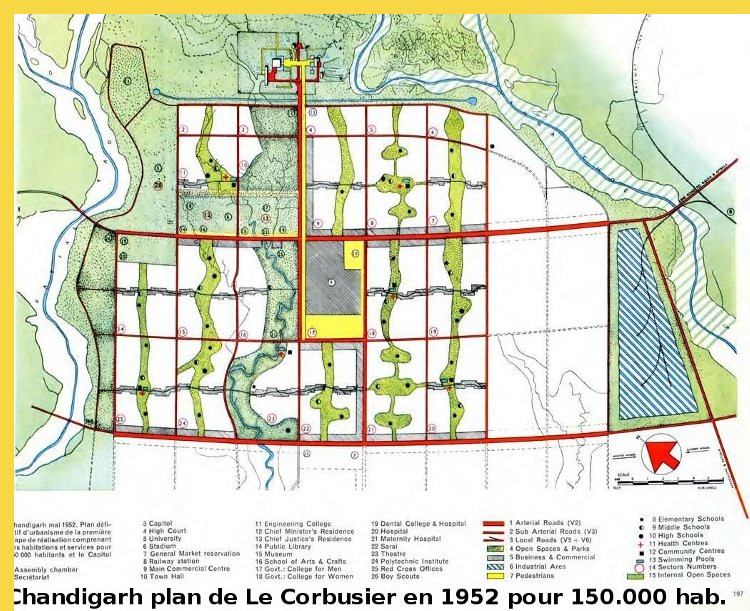 fluidite des espaces le plan de Chandigarh Capitale du Pendjab par Le Corbusier en 1952, prévu pour 150.000 habitants