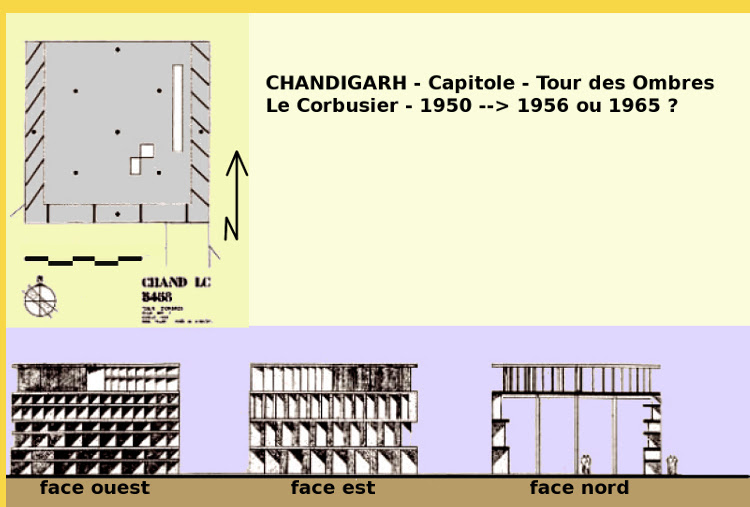 bioclimatique fluidite des espaces Tower of Shadows « Tour des Ombres » à Chandigarh par Corbusier vers 1956 ? plan et façades 