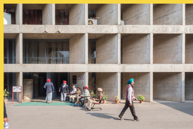 bioclimatique fluidite des espaces le Capitole du Pendjab à Chandigarh par Le Corbusier en 1962 : bureaux à l'angle sud-ouest