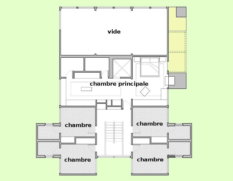 bioclimatique fluidite des espaces maison Korman à Fort Washington par Kahn en 1973 - le plan de l'étage des chambres familiales