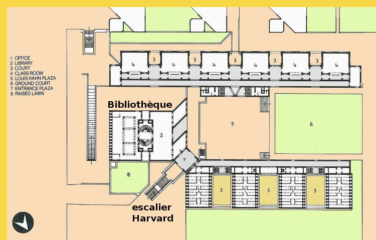 bioclimatique fluidite des espaces l'Indian Institute of Management à Ahmedabad par Kahn en 1974 : plan du bloc pédagogique