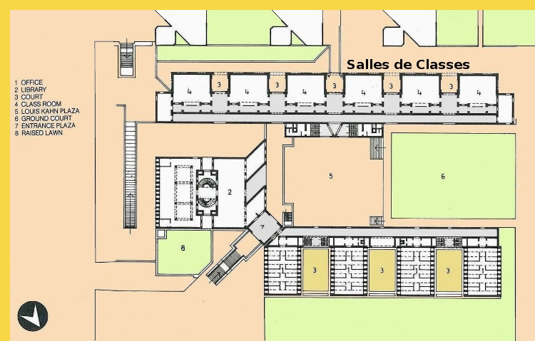 bioclimatique fluidite des espaces l'Indian Institute of Management à Ahmedabad par Kahn en 1974 : plan des salles de cours
