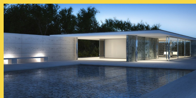 bioclimatique fluidité des espaces Pavillon de l'Allemagne à Barcelone par Mies van der Rohe en 1929 : la cour et le bassin centraux devant le pavillon principal