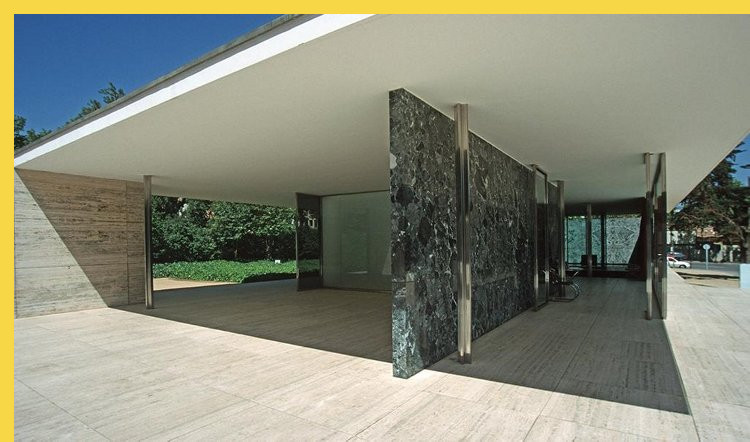 bioclimatique fluidité des espaces Pavillon de l'Allemagne à Barcelone par Mies van der Rohe en 1929 : façade sud