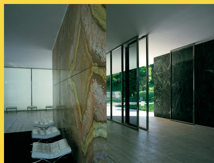 bioclimatique fluidité des espaces Pavillon de l'Allemagne à Barcelone par Mies van der Rohe en 1929 : la cloison d'onyx