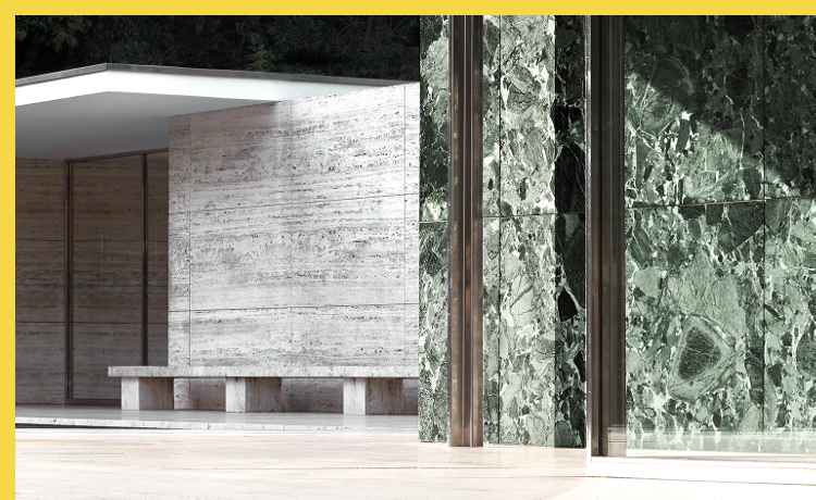 bioclimatique fluidité des espaces Pavillon de l'Allemagne à Barcelone par Mies van der Rohe en 1929 : le somptueux jeux des marbres, travertin et inox sous la lumière