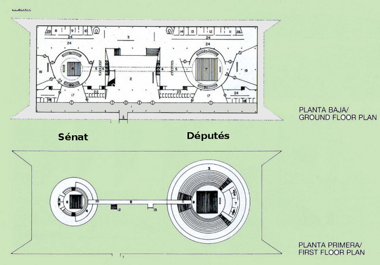 le Congrès National à Brasilia par Niemeyer en 1960 : plan détaillé niveau bas et étage supérieur