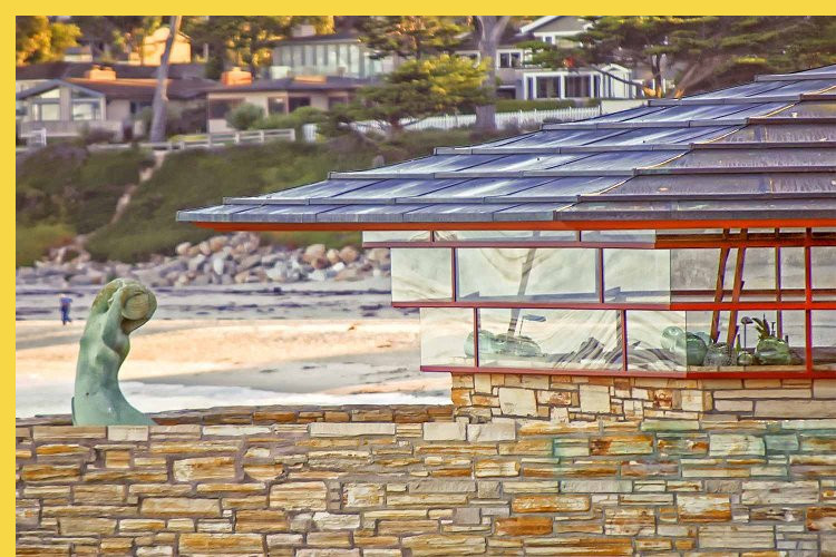 bioclimatique fluidite des espaces Walker House Carmel par Wright en 1948 : transparence du profil de la façade sud