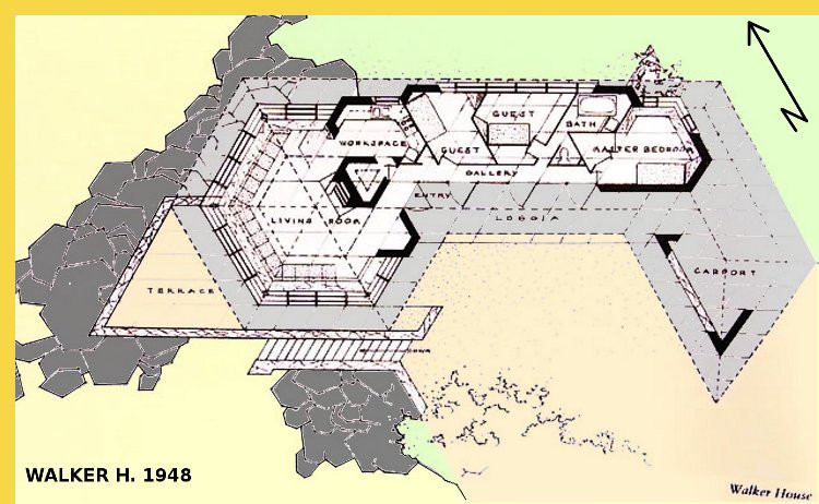 bioclimatique fluidite des espaces Walker House Carmel par Wright en 1948 : plan d'ensemble