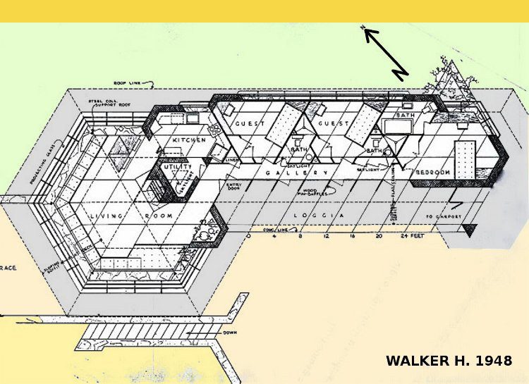 bioclimatique fluidite des espaces Walker House Carmel par Wright en 1948 : plan de détail