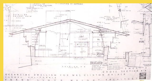 bioclimatique fluidite des espaces Walker House Carmel par Wright en 1948 : section de détail constructif du séjour