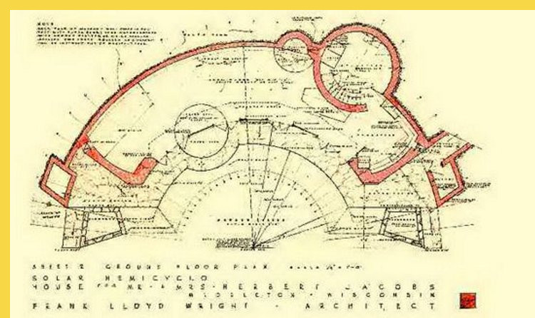 bioclimatique fluidite des espaces Solar Hemicycle de Jacobs à Middleton par Wright en 1948 : plan de Wright