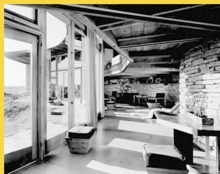 bioclimatique fluidite des espaces Solar Hemicycle de Jacobs à Middleton par Wright en 1948 : vue latérale ancienne, l'intérieur sous la mezzanine vers l'Ouest