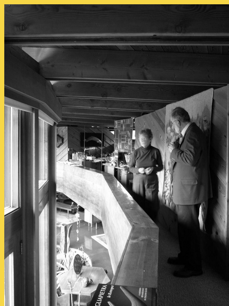 bioclimatique fluidite des espaces Solar Hemicycle de Jacobs à Middleton par Wright en 1948 : vue latérale ancienne, la mezzanine intérieure vers l'Ouest