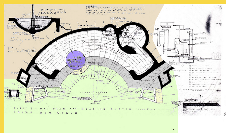 bioclimatique fluidite des espaces Solar Hemicycle Jacobs House à Middleton par Wright en 1948 : plan du rez-de-chaussée, avec le trajet des tuyaux de chauffage dans le sol