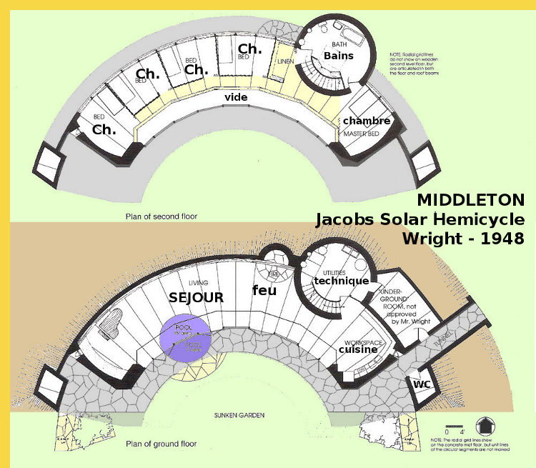 bioclimatique fluidite des espaces Solar Hemicycle Jacobs House à Middleton par Wright en 1948 : plans des deux niveaux