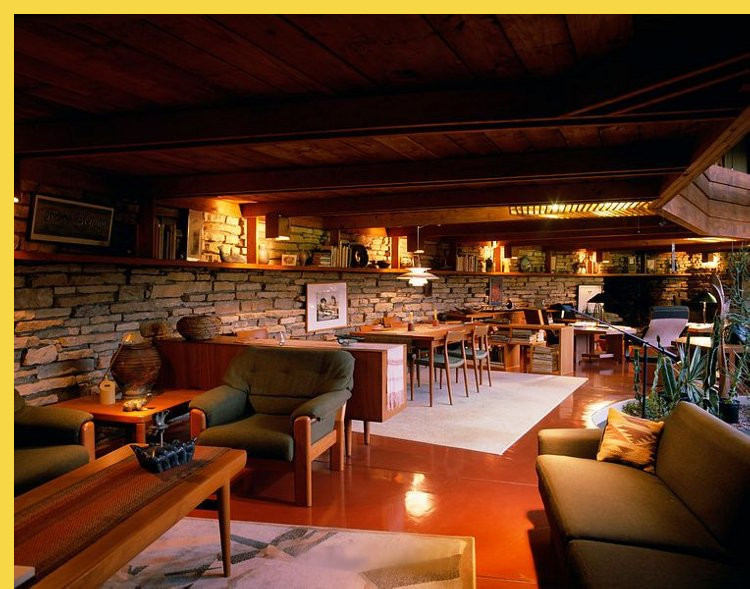 bioclimatique fluidite des espaces Solar Hemicycle Jacobs House à Middleton par Wright en 1948 : éclairages dans le séjour