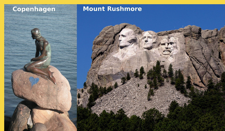 architecture laique - les sculptures de la Petite Sirène à Copenhague par Edvard Eriksen (1913) et des quatre présidents des Etats-Unis d'Amérique (George Washington (1732-1799), Thomas Jefferson (1743-1826), Theodore Roosevelt (1858-1919) et Abraham Lincoln (1809-1865) ) au Mont Rushmore par Gutzon Borglum (1925 => 1941)