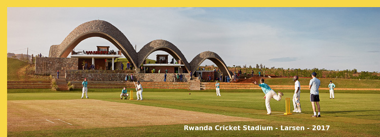 architecture laique - Rwandan Cricket Stadium par Light Earth Designs + Larsen - 2017 : vue générale du bâtiment de service, dont le design de toiture évoque le rebond d'une balle