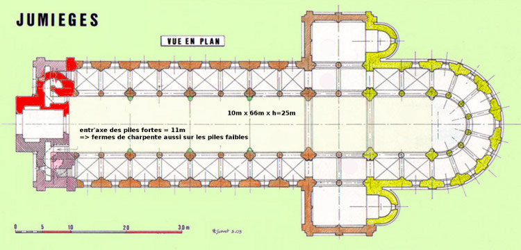 abbatiale Notre-Dame de Jumièges (76) plan des différentes phases de construction depuis la reprise de la nef par l'abbé Thierry à partir de 1014 jusqu'à celle du choeur par l'abbé Robert de Jumièges en 1052