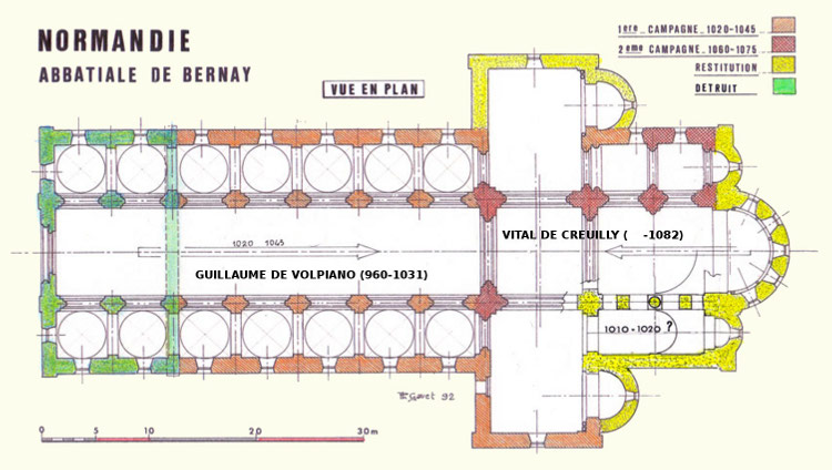 abbatiale Notre-Dame de Bernay (27) par Guillaume de Volpiano de 1015 à 1045 puis par Vital de Creuilly de 1006 à 1075, plan Philippe Gavet