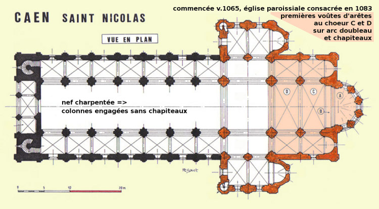 paroissiale Saint-Nicolas à Caen (14) plan Philippe Gavet : la nef en noir a été réalisée après la consécration du choeur en 1083