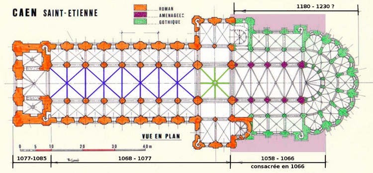 abbatiale Saint-Etienne à Caen (14) la nef, les transepts et la croisée de transept sont romans, édifiés de 1066 à 1077. Les piles des quatres travées de choeur reprennent celles de l'abside de Guillaume, consacrée en 1066, le chevet a été reconstruit de 1180 à 1230 et montre des dispositions gothiques
