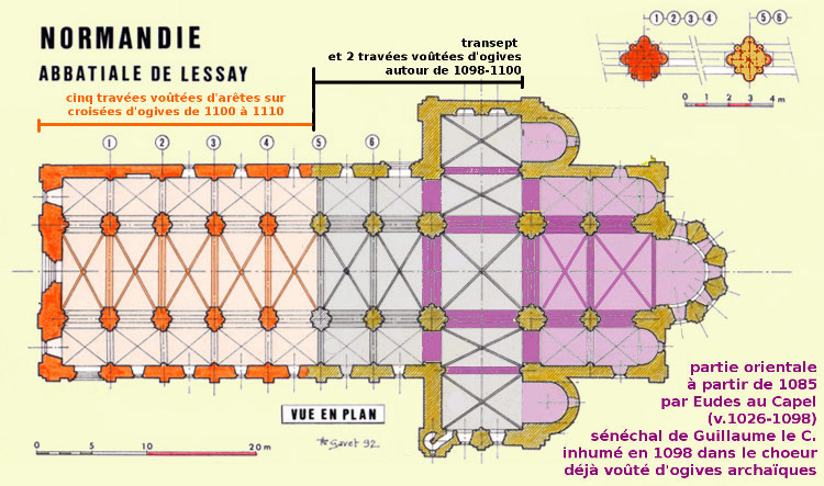 abbatiale Sainte-Trinité de Lessay (50) les différentes phases du chantier de 1064 à 1110, plan Philippe Gavet