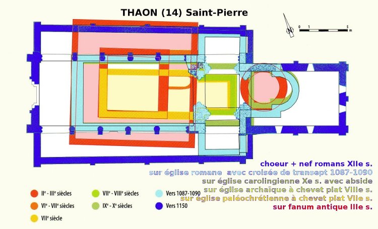 paroissiale Saint-Pierre de Thaon (14) en plan, les différentes phases superposées découvertes en fouilles archéologiques