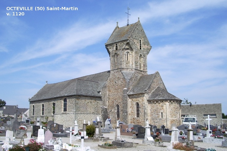 Saint-Martin d'Octeville (50) le chevet roman roman du début du XIIe s. est dominé par un clocher octogonal au toit en bâtière assez répandu dans le Cotentin