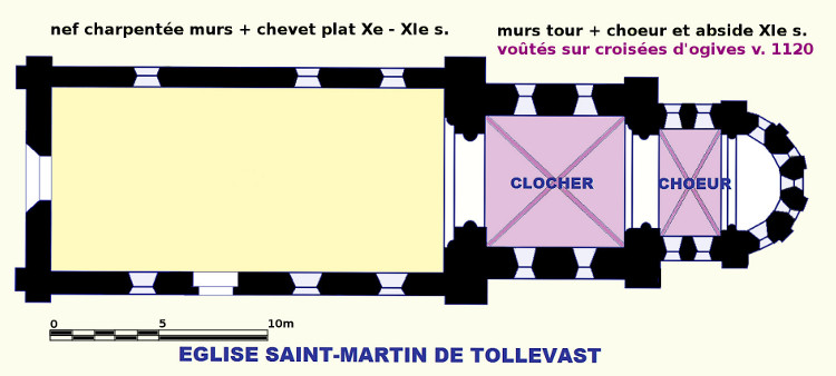 Saint-Martin de Tollevast (50) plan schématique des trois phases de construction du Xe au début du XIIe siècle