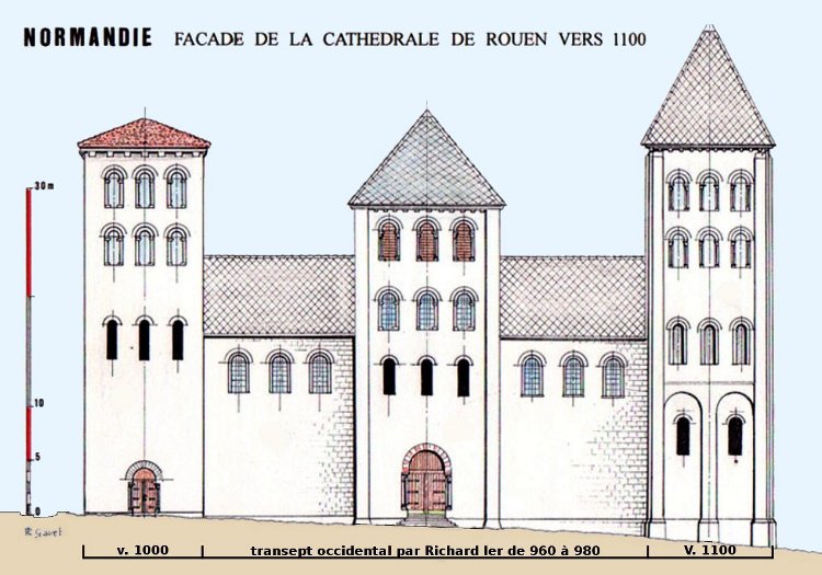 cathédrale Notre-Dame de Rouen (76) façade ouest carolingienne avec transept occidental et tribune ducale à l'étage au-dessus du portail