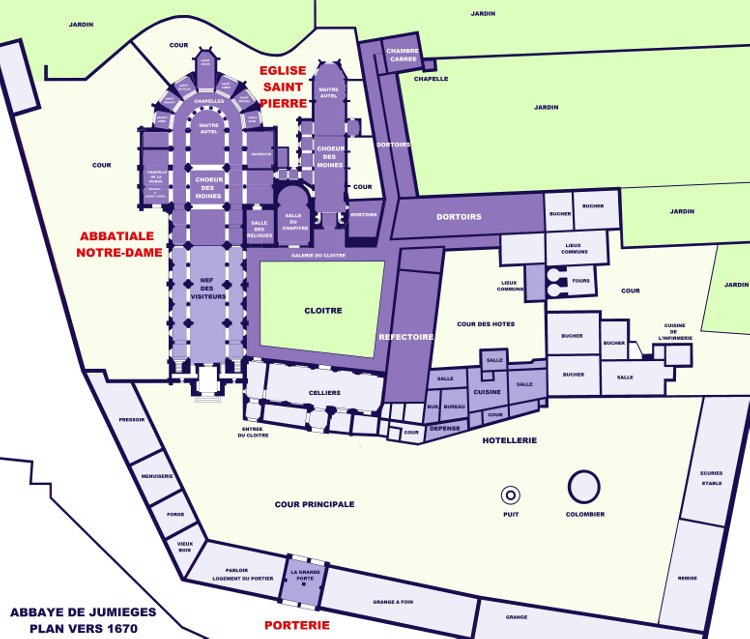 abbaye Notre-Dame de Jumièges (76) plan du site et de ses bâtiments bénédictins de 654 à 1530, vers 1670