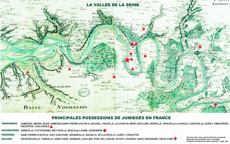 abbaye de Jumièges (76) carte des possessions de l'abbaye en Seine