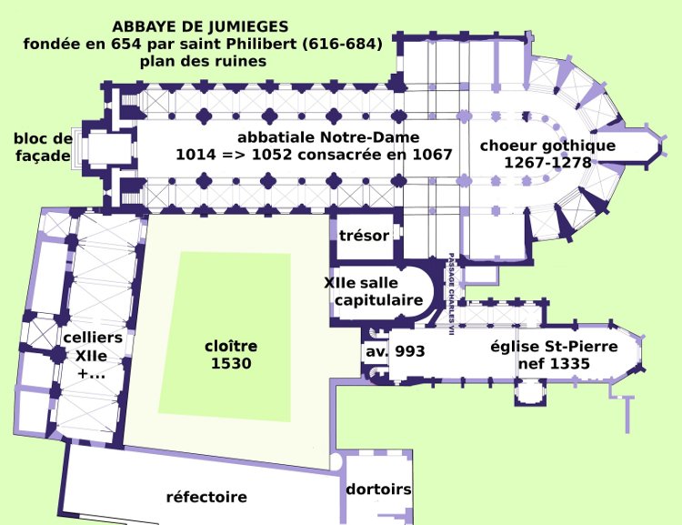 abbaye de Jumièges (76) plan et identification des ruines de l'abbaye