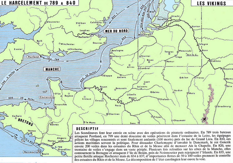 Les premiers harcèlements des Vikings de 789 à 840, avec la bataille de Grand-Lieu en 799 et établissent une base à Noirmoutier à partir de 836