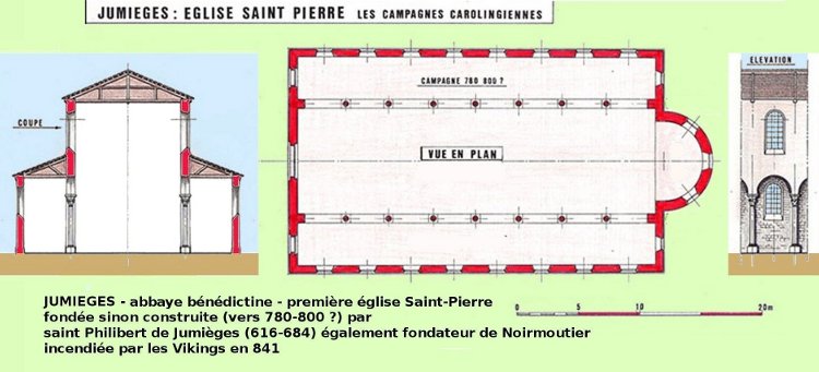 abbatiale Saint-Pierre de Jumièges (76) plan et coupe philippe Gavet montrant le revers du bloc de façade ouest et la première version des deux tours