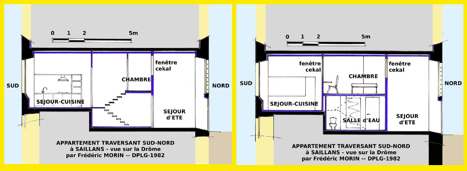 dessins en section Sud-Nord de cet appartement traversant grâce à de grandes fenêtres isolantes intérieures au Nord et au Sud d'une chambre médiane en hauteur
